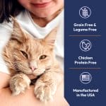 Tabby kitten held in arms highlighting chicken protein-free, grain-free, legume-free cat food benefits manufactured in USA