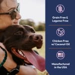 Chocolate Lab dog with owner highlighting chicken-free dog food with coconut oil - grain and legume free manufactured in USA
