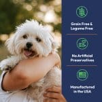 Canine Cookie benefits layout with an image of a white bichon dog to the left with three bullet points to the right on a blue background. First bullet point says Grain Free & Legume Free, second one says No Artificial Preservatives, and the last one says Manufactured in the USA