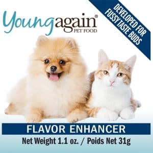 A fluffy Pomeranian dog and an orange-and-white cat sit side by side. Text reads Young Again Pet Food, Developed for fussy taste buds, and Flavor Enhancer, Net Weight 1.1 oz. / Poids Net 31g.