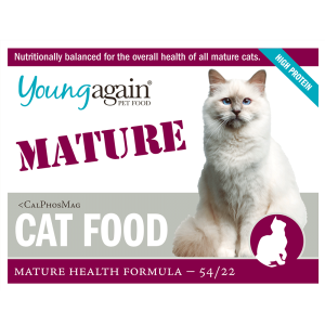 A cat food label for Young Again Pet Food, featuring a photo of a fluffy white cat, and text: Mature, Cat Food, Mature Health Formula 54/22, Nutritionally balanced for mature cats, and High Protein.