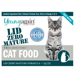 Cat food package labeled Young Again Pet Food LID Zero Mature Trucarnivore Cat Food. Features a gray tabby cat, nutritional highlights like high protein and Omega 3 & 6, and a circular Limited Ingredient Diet badge.