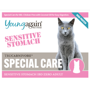 Young Again Sensitive Stomach IBD Zero adult cat food - chicken-free with coconut oil for easy digestion and special care