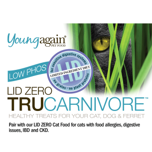 Young Again LID Zero TruCarnivore low-phosphorus limited ingredient diet for cats with food allergies digestive issues IBD and CKD