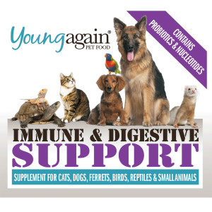 "Young Again Pet Food Immune and Digestive Support supplement with probiotics and nucleotides for cats dogs ferrets birds reptiles and small animals