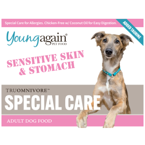 A bag of Young Again Pet Food Special Care Adult Dog Food for sensitive skin and stomach, featuring a photo of a dog with a blue collar. Text highlights chicken-free, coconut oil, and added taurine for easy digestion.
