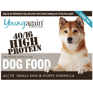 Label for Young Again Pet Food dog food, highlighting 40/16 High Protein for small dogs and puppies under 30 lbs. Features a Shiba Inu, notes its Legume Free, with a white and brown color scheme.
