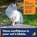A long-haired white cat is standing outside with it's front paws up on a deck looking off the the side. the image has an orange tag in the right corner listing three benefits with number one being 100% Meat Protein, number two being Human-Grade Ingredients and number three being USDA/FDA Approved. The bottom of the picture is cut off by a blue banner with the text Have Confidence in your cat's kibble.
